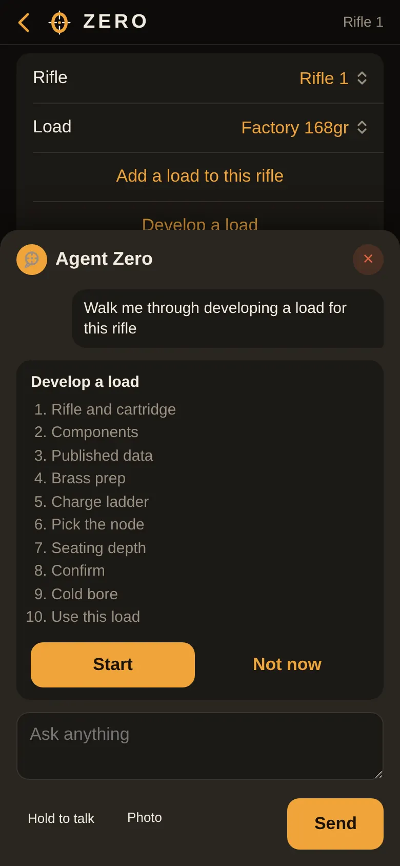 Agent Zero sheet: asked to walk through developing a load, it lists ten steps from rifle and cartridge to use this load, with Start.