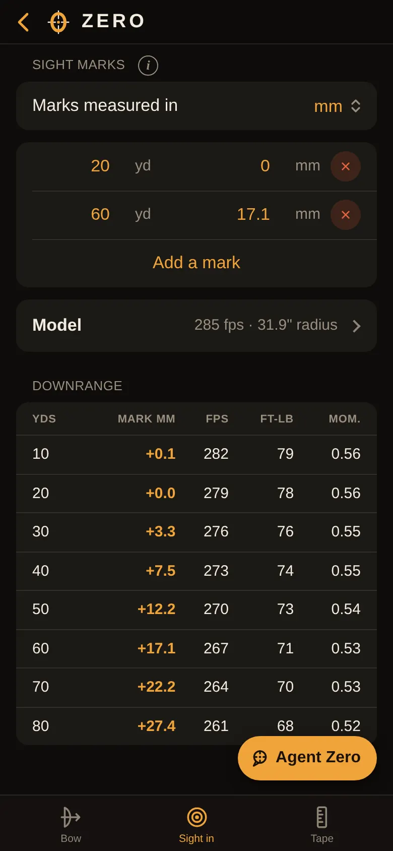 Dial bow sight-in: marks at 20 and 60 yards give 285 fps and a downrange table of marks, speed, energy and momentum from 10 to 80 yards.