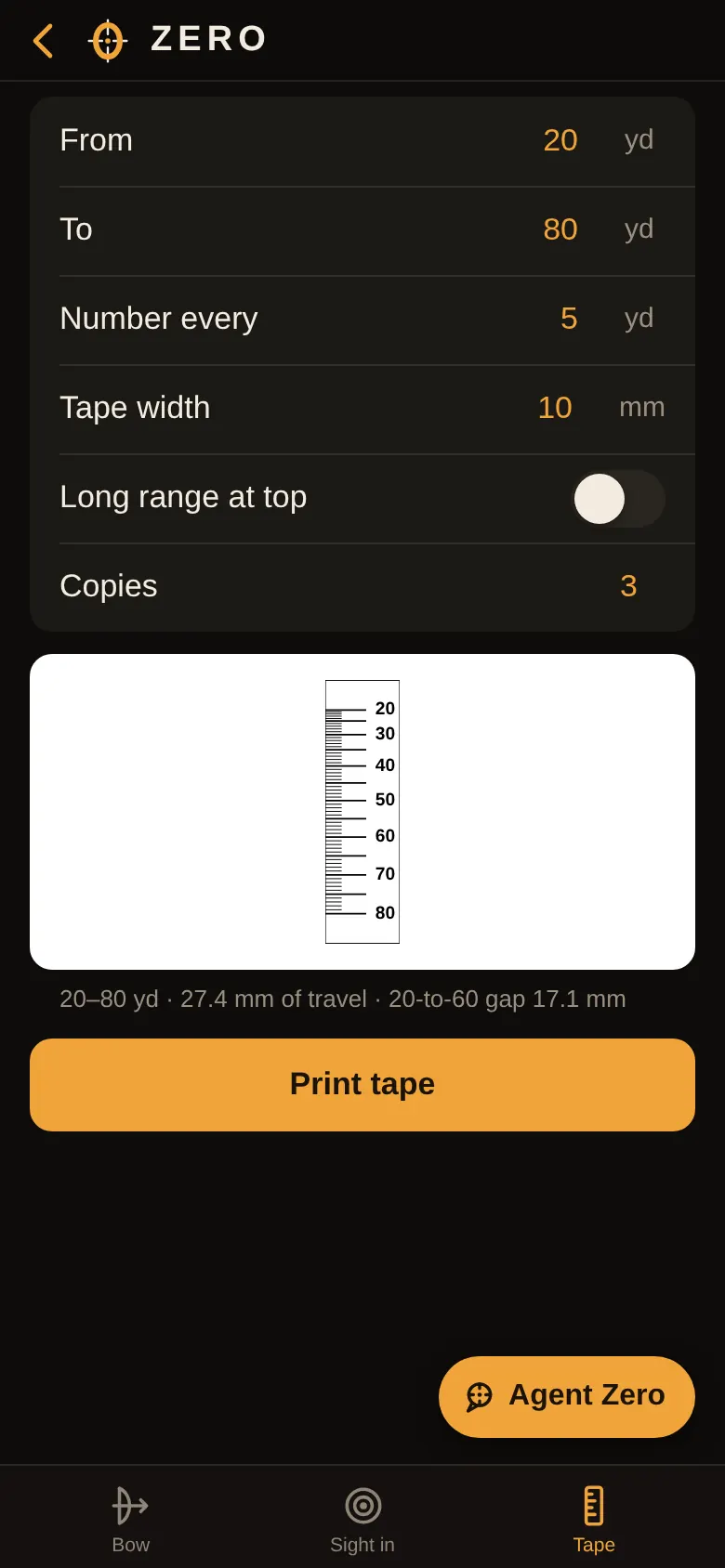 Dial bow tape: a 20 to 80 yard sight tape preview, 27.4 millimetres of travel, and a Print tape button.