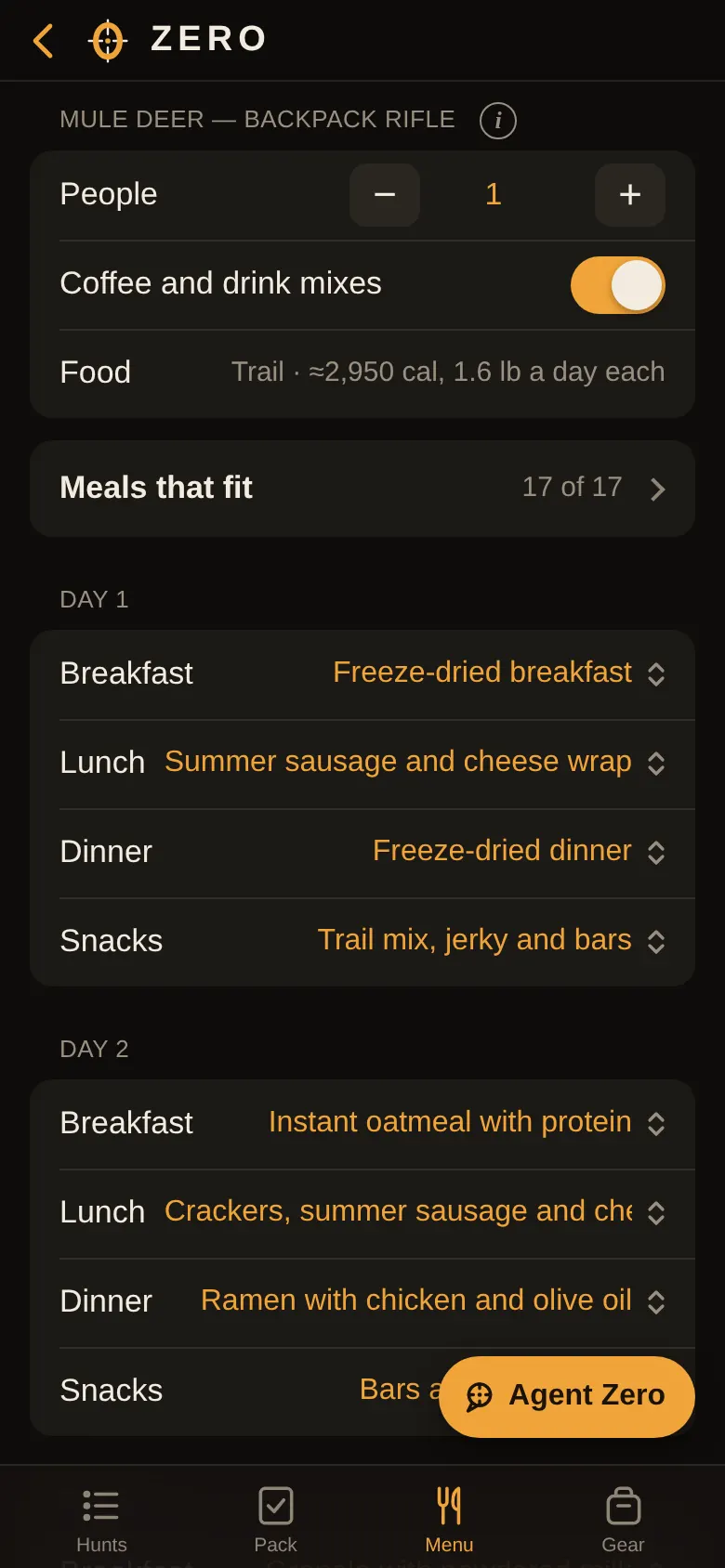Build kit menu for a backpack hunt: trail food, about 2,950 calories and 1.6 pounds a day each, with breakfast, lunch, dinner and snacks for each day.