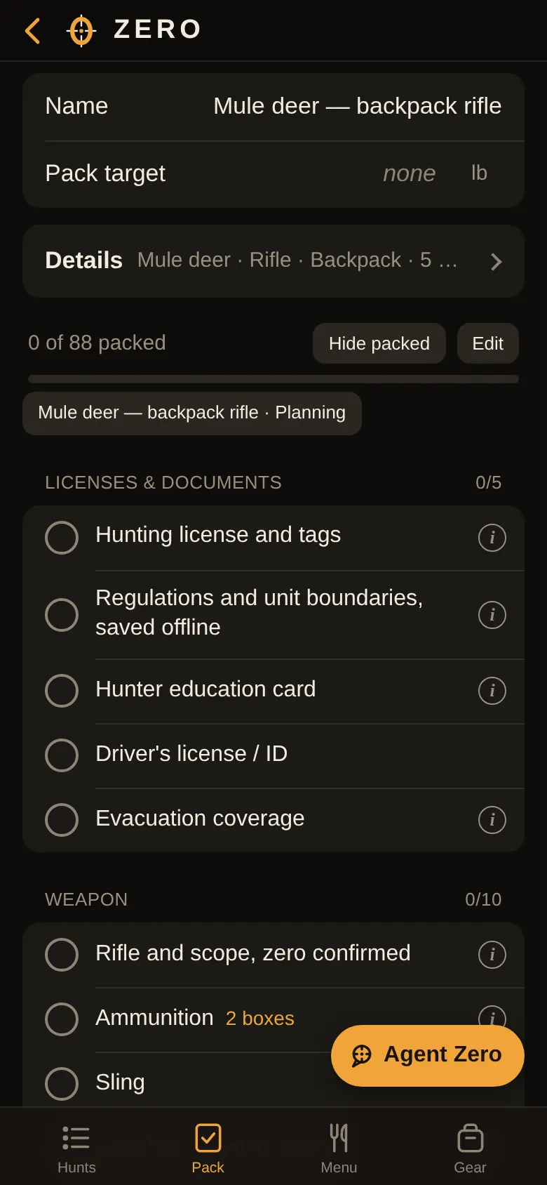 Build kit pack list for a mule deer backpack rifle hunt: 0 of 88 packed, licenses and documents, weapon.