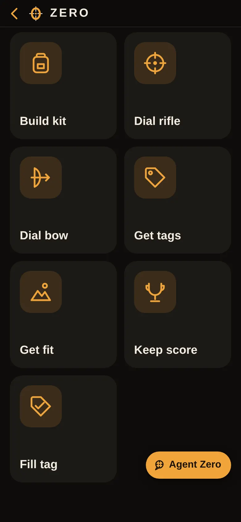 My tools: Build kit, Dial rifle, Dial bow, Get tags, Get fit, Keep score and Fill tag.